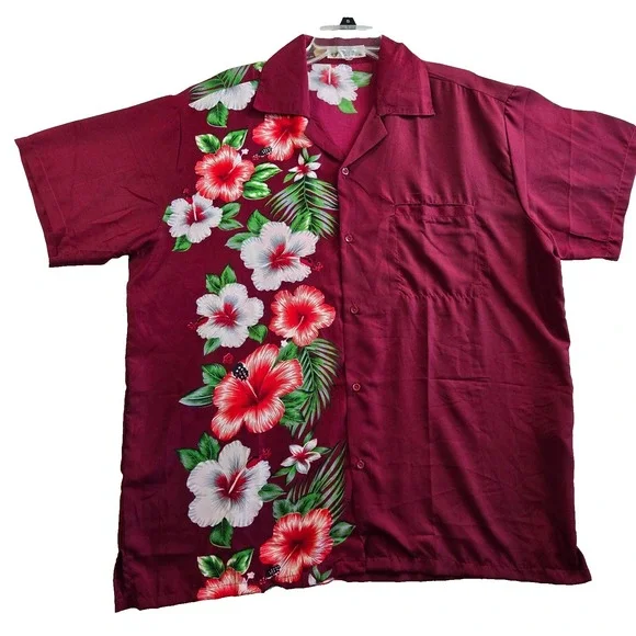 V.H.O Mens Size XL Red Floral Short Sleeve Tropical‎ Hawaiian Button Down Shirt - Picture 6 of 7